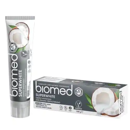 Pasta de dientes blanqueadora 97 % natural Biomed Superwhite, Fortalecedora de esmalte, Sabor a coco, apto para veganos, sin SLES 100 g