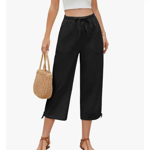 PASUDA Mujer Pantalones Casuales de Lino de Algodón Elástico de Cintura Alta Pantalon Rectos Mujer Verano con Cordón Pantalón Cómodos Ligero de Playa acon Bolsillos