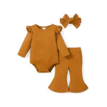 Body de manga larga para bebé + pantalones acampanados + diadema para el pelo.
