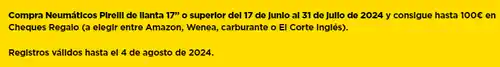 Compra neumáticos Pirelli de llanta 17" o superior y consigue hasta 100€ en cheques regalo (Reembolso)