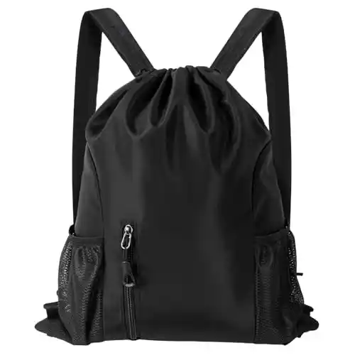 Qoosea Mochilas de Cuerdas, Impermeable Deporte Mochila Ligera Nylon Bolsa de Gimnasio con Cordón para Hombre Mujer, Gym Bag para Deporte, Escolar, Senderismo, Gimnasio, Casual, Viaje, Playa(Negro)