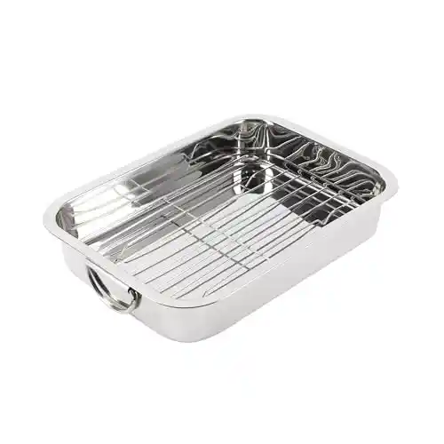 RB RENBERG – Bandeja Horno con Grill Rectangular para Horno – Fabricada en Acero Inoxidable - Máxima Antiadherencia – Tamaño 37 x 26.5 x 6.3 - Ideal para Lasaña Pastel Cazuela Tapas