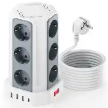 Regleta Vertical Enchufes 16A Regleta Enchufe con 12 Tomas Corrientes y 4 Rápida USB Tomas Proteccion Sobretension Cable de Extensión de 5M y Tapón de Seguridad con Interruptor para Casa Oficina