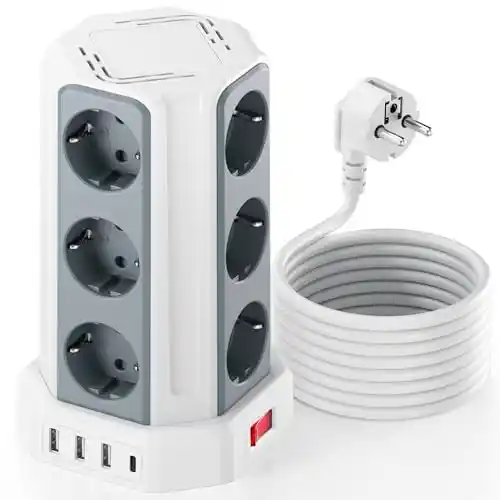 Regleta Vertical Enchufes 16A Regleta Enchufe con 12 Tomas Corrientes y 4 Rápida USB Tomas Proteccion Sobretension Cable de Extensión de 5M y Tapón de Seguridad con Interruptor para Casa Oficina