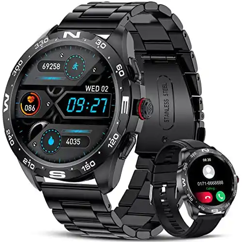 Reloj Inteligente Hombre, 1.32" Pantalla Táctil Completo con Llamada Bluetooth/Notificaciones Inteligentes/Monitor de Ritmo Cardiaco Sueño, 3ATM Impermeable smartwatch Hombre para Android iOS, Negro