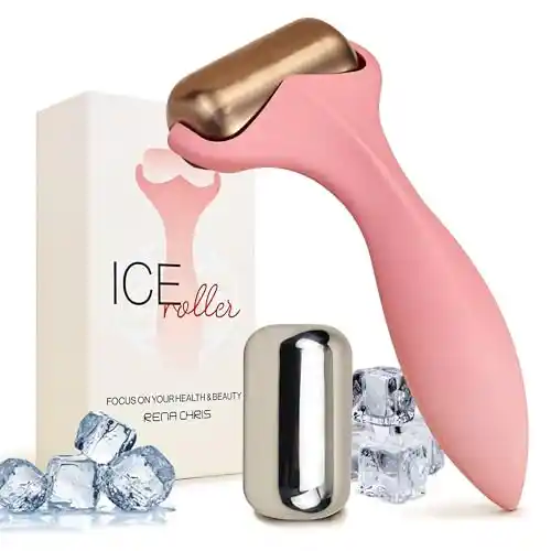 Rena Chris Rodillo de Hielo para Cara & Cuerpo -2 cabezales de acero inoxidable para un enfriamiento prolongado, rodillo facial de hielo para alivio de la hinchazón - Regalo para el cuidado de la piel