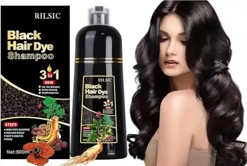 RILSIC 500ML Champú Tinte Pelo Negro, Black Hair Dye Shampoo 3 en 1, Champú Color Negro Champu Tinte Canas Instantáneo Cubre Canas, Tinte Pelo Barba Champu Canas, Hair Color para Hombres Mujeres