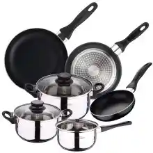 SAN IGNACIO Bateria de cocina 6 piezas en acero inoxidable con juego de 3 sartenes 2 ollas y 1 cacerola en aluminio prensado y fondo apto para induccion