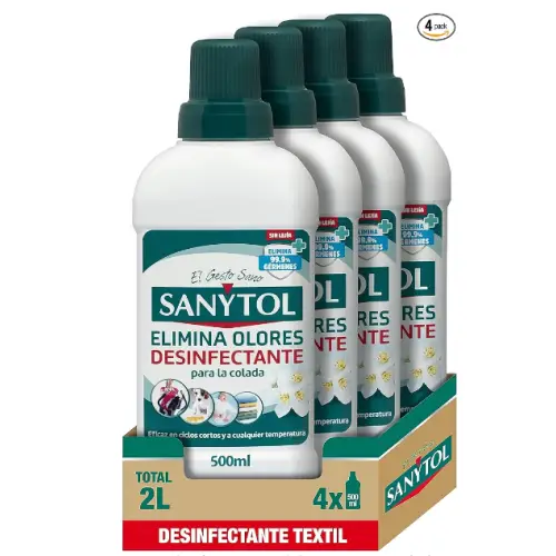 Sanytol – Desinfectante Textil, Elimina Gérmenes y Malos Olores de la Ropa Sin Lejía - Pack de 4 x 500 ML = 2L