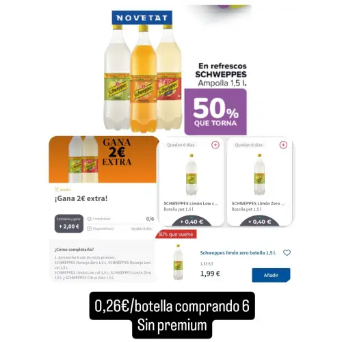 Schweppes 1,5L a 0,26€ en Carrefour con Gelt