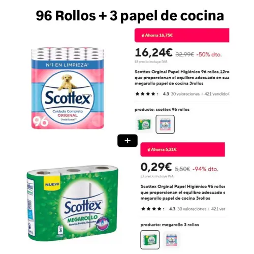 Scottex Orginal Papel Higiénico x96 rollos + Scottex megarollo papel de cocina x3