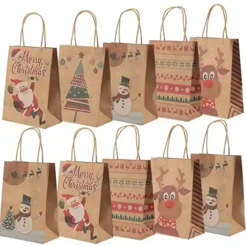 Set de 10 Bolsas regalo navidad,bolsas de papel con asa,bolsas papel kraft navidad,para guardar regalos, pasteles, suministros para fiestas(21x15x8cm)