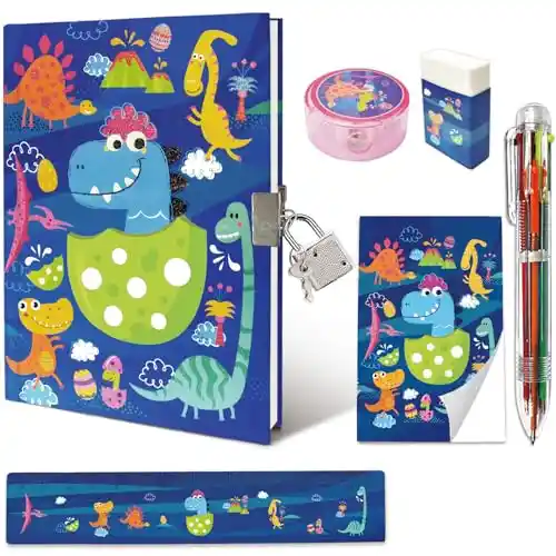 Set de Diario Secreto Niño con Candado, Kit Papelería de Dinosaurio incluye Diario con Candado Bolígrafo de 6 Colore Mini Bloc Notas Regla Borrador y Sacapuntas Cuaderno Niño Regalo Niño 6-10 Años