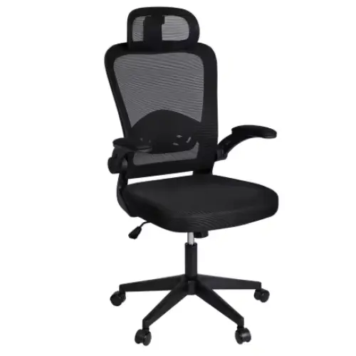 Silla de oficina ergonómica giratoria con reposacabezas y apoyabrazos ajustables.