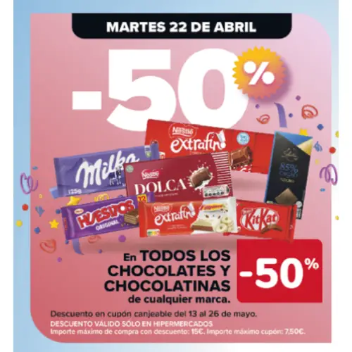 Solo el 22/4 -50% de descuento en chocolate (Carrefour) acumulable a otras ofertas