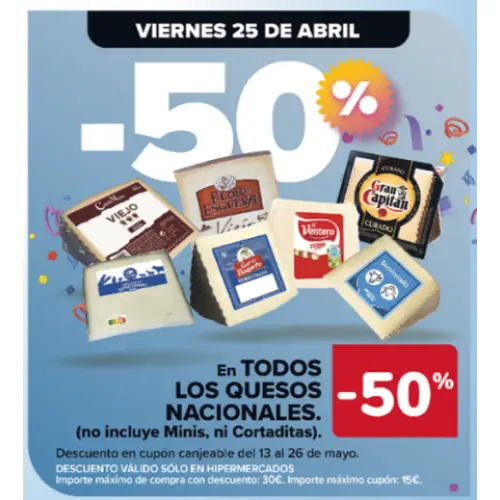 Solo el 25/4 en Carrefour 3x1 en cuñas de queso Nacional