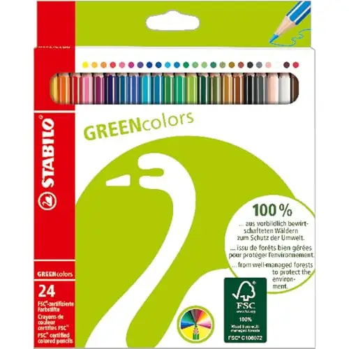 STABILO, Lápiz de color ecológico GREENcolors - Fabricado con madera certificada FSC - Estuche con 24 colores