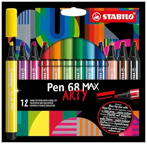 STABILO Rotulador Premium punta biselada (1 + 5 mm) Pen 68 MAX - Estuche ARTY con 12 colores