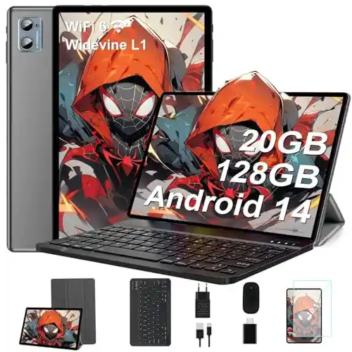 SUAAT Newest 2025 Tablet 10 Pulgadas Android 14, 20GB RAM+128GB ROM/1TB TF, 8-Core, Widevine L1/WiFi 6/Bluetooth 5.0/6000mAh/GMS Certified/8MP+5MP/Tablet PC con Funda, Teclado y Ratón, Gris