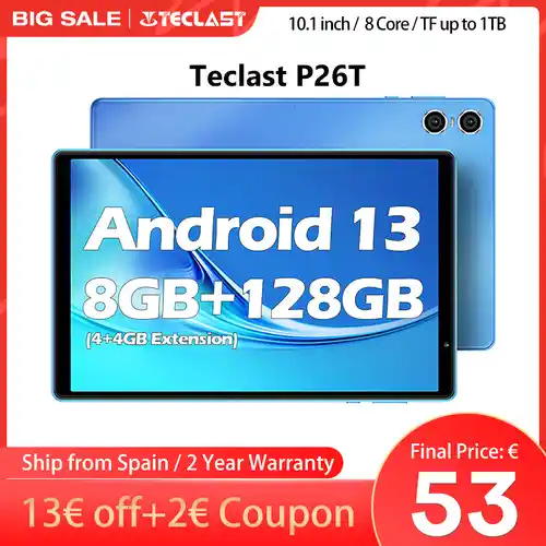 TECLAST P26T Tableta, (4GB+4GB)8GB de RAM, 128GB de ROM, Android 13 OS, 10,1 pulgadas