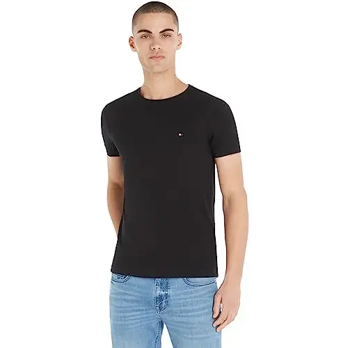 Tommy Hilfiger CORE STRETCH SLIM C-NECK TEE, S/S T-Shirts Hombre, Negro (Black), L