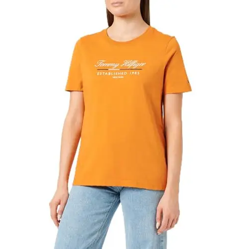 Tommy Hilfiger Mujer Reg Script Graphic C-NK SS WW0WW43502, Naranja (Autumn Orange), L