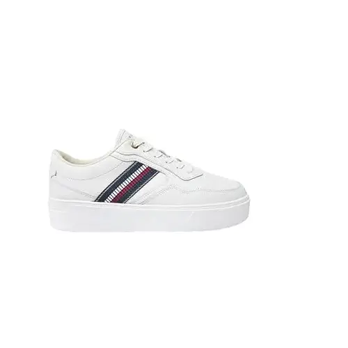 Tommy Hilfiger Sneaker con Suela Flatform Mujer Stripes Platform de Piel, Blanco (Ecru), 37 EU