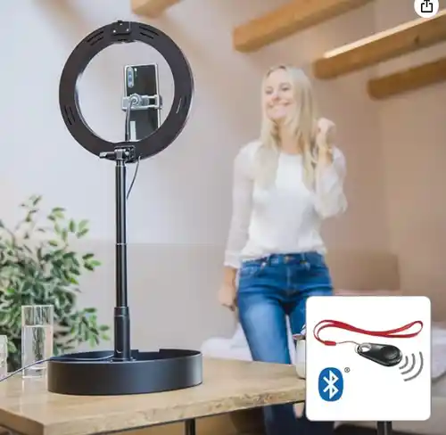 Tripode con aro de luz 3 colores de luz 6000K; 4500K; 3000K; trípode regulable máx 138cm y mín 52cm) Negro