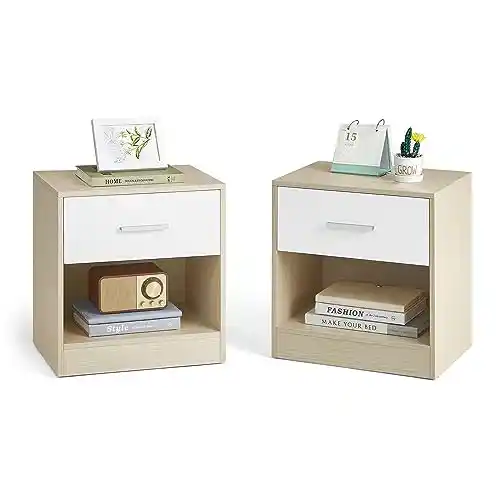 VASAGLE Juego de 2, Mesita de Noche, Mesa Auxiliar con Cajón, Asa, Compartimento Abierto, para Dormitorio, Salón, Beige Natural y Blanco Clásico LET819T67