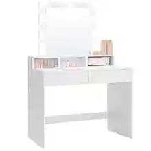 VASAGLE Tocador, Luces LED con Brillo Ajustable, Mesa de Maquillaje con Espejo, 2 Cajones y 3 Compartimentos, Moderno, Blanco RDT114W01