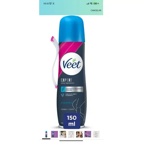 VEET Crema depilatoria en spray para piel sensible, bote de 150ml