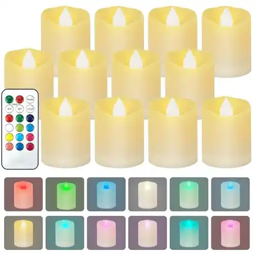 12 Velas LED con temporizador, velas de té LED con mando a distancia, temporizador 4H/8H, 2 modos, velas eléctricas multicolores, velas para Halloween, Navidad, bodas, decoración, fiestas, bodas,