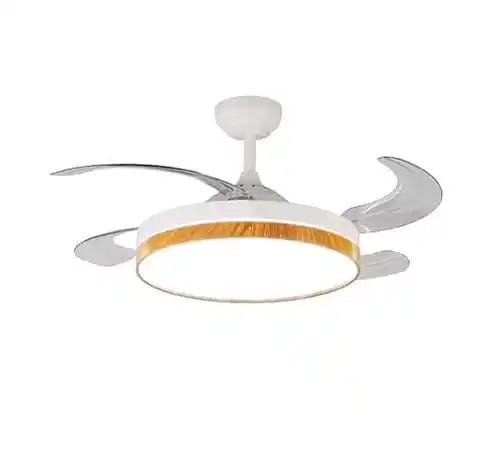 VENTILADOR APP MOVIL FACIL MONTAJE EN TECHO DC LED ATENUABLE RETRACTIL 4 ASPAS - Opción Sin Pitido, Temporizador, Control Invierno Verano, 3 Tonos, Modo Brisa, Bajo consumo (Madera, 107D)