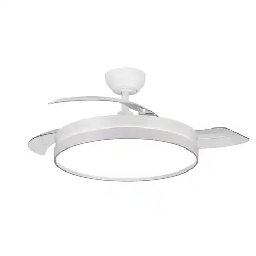 Ventilador de techo con luz LED y aspas retráctiles, control remoto.