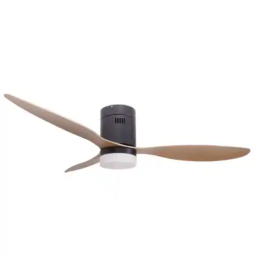 Ventilador de techo negro Jocca con 3 elegantes aspas con acabados de madera, 6 velocidades a seleccionar con giro inverso, una moderna lámpara integrada con 3 intensidades de luz, temporizador, mando a distancia y 40W de potencia