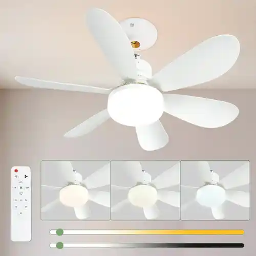 Ventilador de techo silencioso de 52 cm con luz y control LED, ventilador de techo de 40 W con casquillo E27, ventilador de techo pequeño con luz de dormitorio regulable, 6 aspas, 3 velocidades