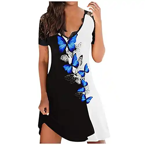 Vestidos de Verano Mujer 2022 Largos Fiesta Vestido Sexy de Manga Corta con Cuello en V y Costuras de Encaje para Mujer Vestido Boda Noche Mujer