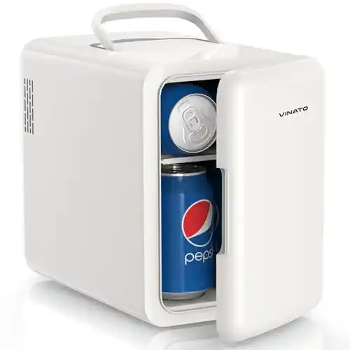 VINATO Piccolo Frigorifero Mini Frigo 6L, Mini Frigorifero da Camera da Letto con Funzione di Raffreddamento e Riscaldamento, 220V AC / 12V DC per Auto, Ufficio, Camera da Letto, Cura Della Pelle, Bev