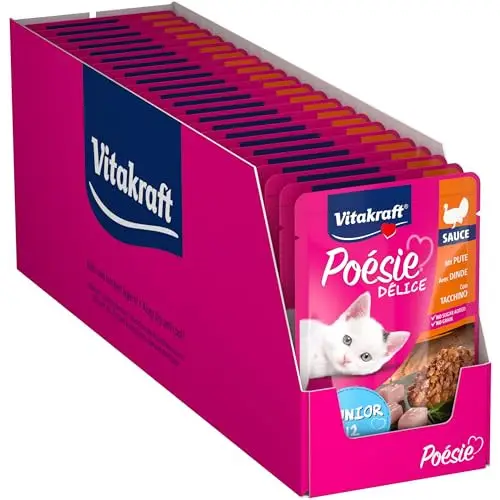23x 85g Vitakraft Poésie Délice, Junior, Comida húmeda para Gatos en sobre, pechuga de Pavo en Salsa, alimento húmedo Gatitos Junior, nutricionalmente equilibrada, sin azúcares añadidos, Multipack