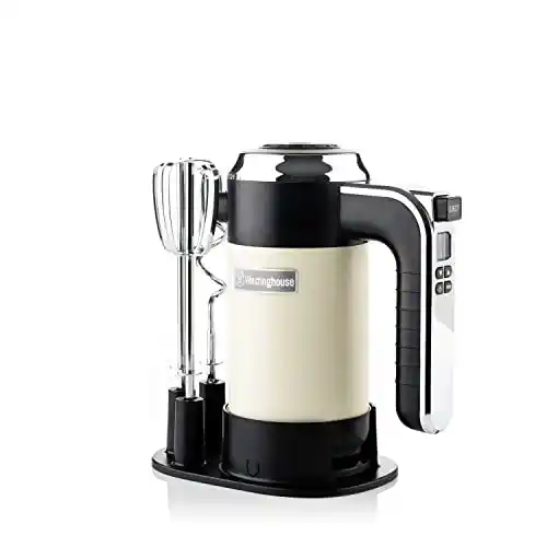 Westinghouse Batidora de mano retro, 5 velocidades + función turbo, 2 varillas batidoras, 2 ganchos para amasar, pantalla LCD, temporizador, base de pedestal, bolsa de almacenamiento, 350 W