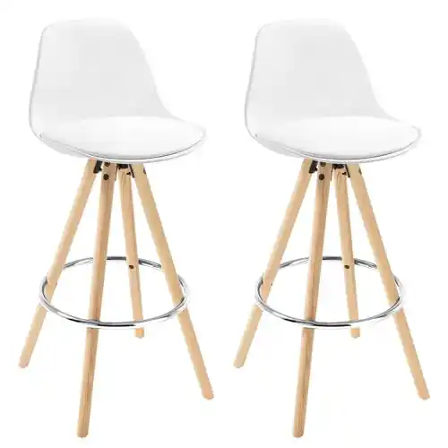 WOLTU 2 x Taburete de Bar con Respaldo, Marco de Madera Maciza Imitación de Cuero, para Cocina, Bar, Paquete de 2 Unidades Blanco