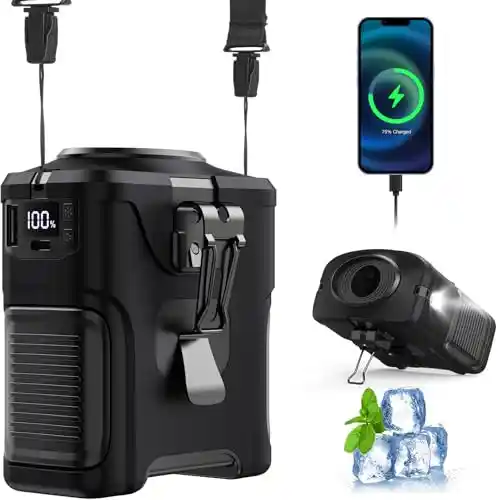 XTTANK Ventilador Camping Recargable 10000mAh, 5 Velocidades, Linterna, Funda de Silicona, Acero al Manganeso Clip, Portátil Ventiladorde Cintura para Camping/Senderismo/Oficina